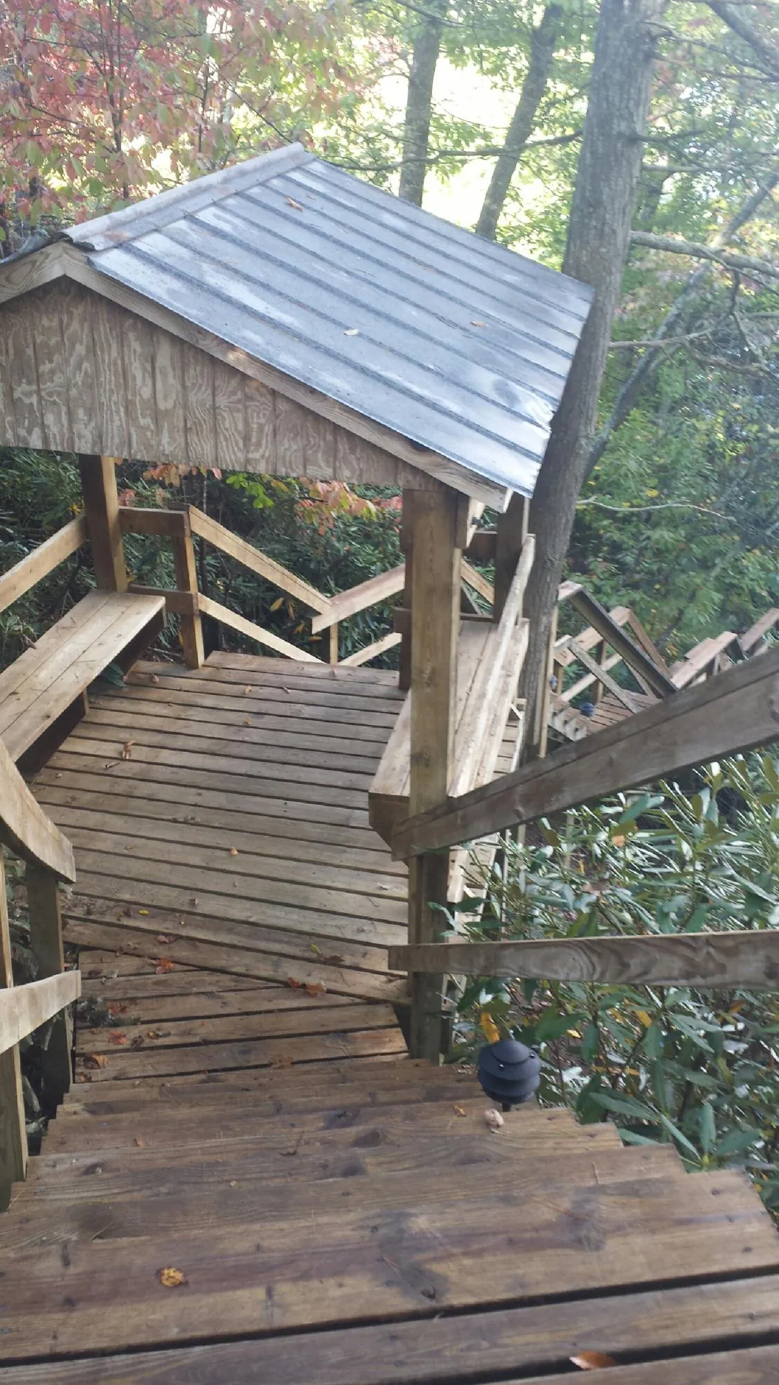 Metal roofed shelter over wooden steps on a wooded walkway — Skylight Repair & Installation work by our crew in Poquoson